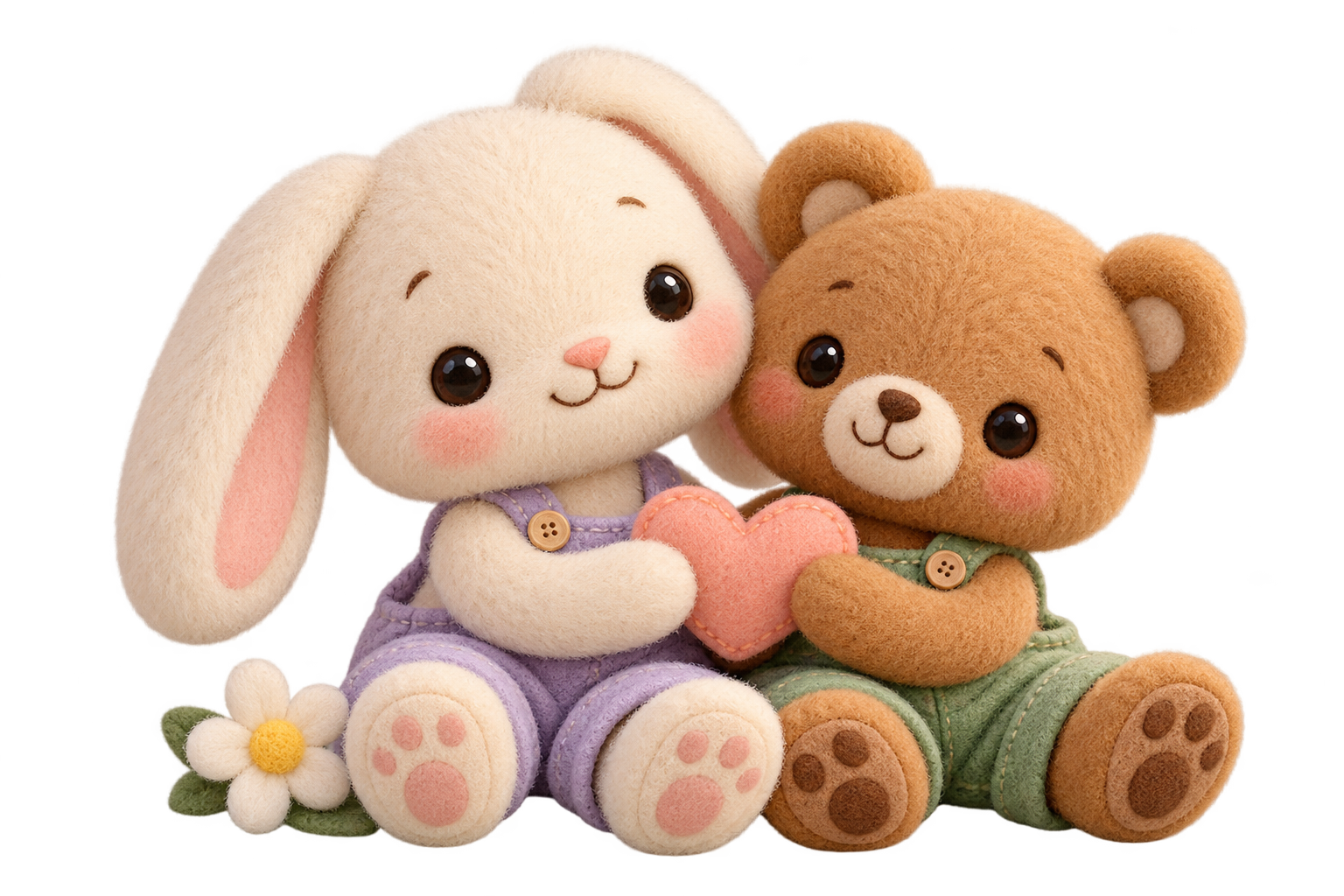Bunny and Bear, two cuddly friends sharing a pink heart