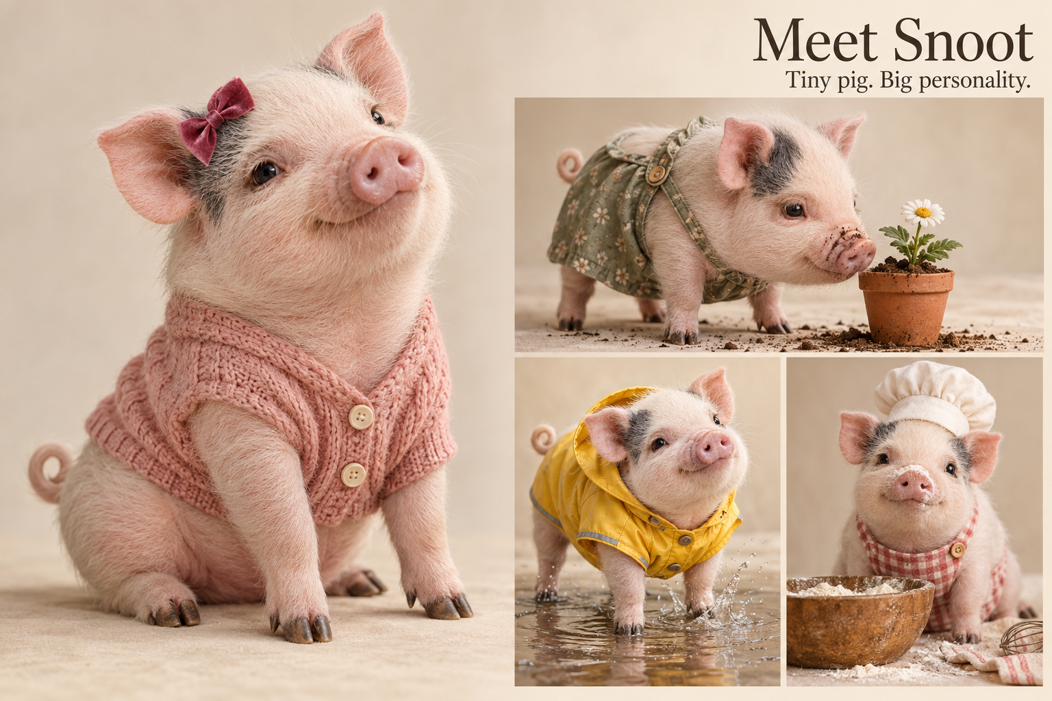 Little Snoot, a pink pig with dark spots, in a pink cardigan, a floral outfit beside a daisy, a yellow raincoat, and a chef outfit.